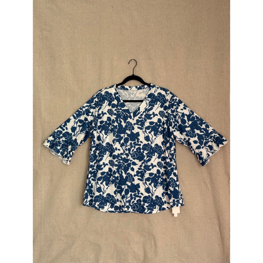 LOMON Blue White Floral V-Neck Ruffle Bell Sleeve Blouse Top XXL NWT